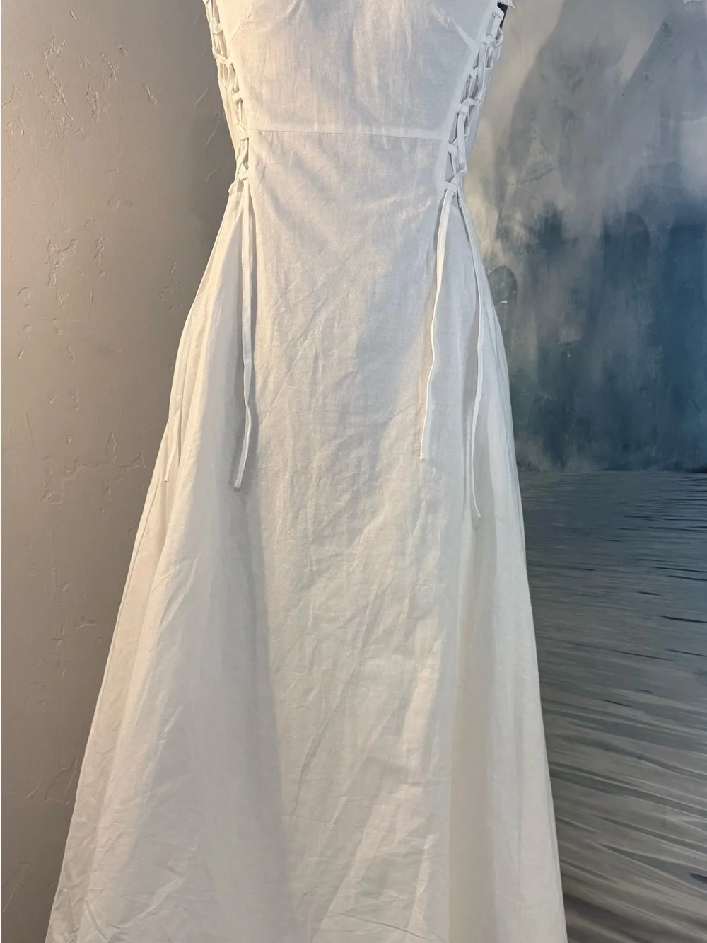 Sleeveless White Midi Dress with Lace-Trim Details #177